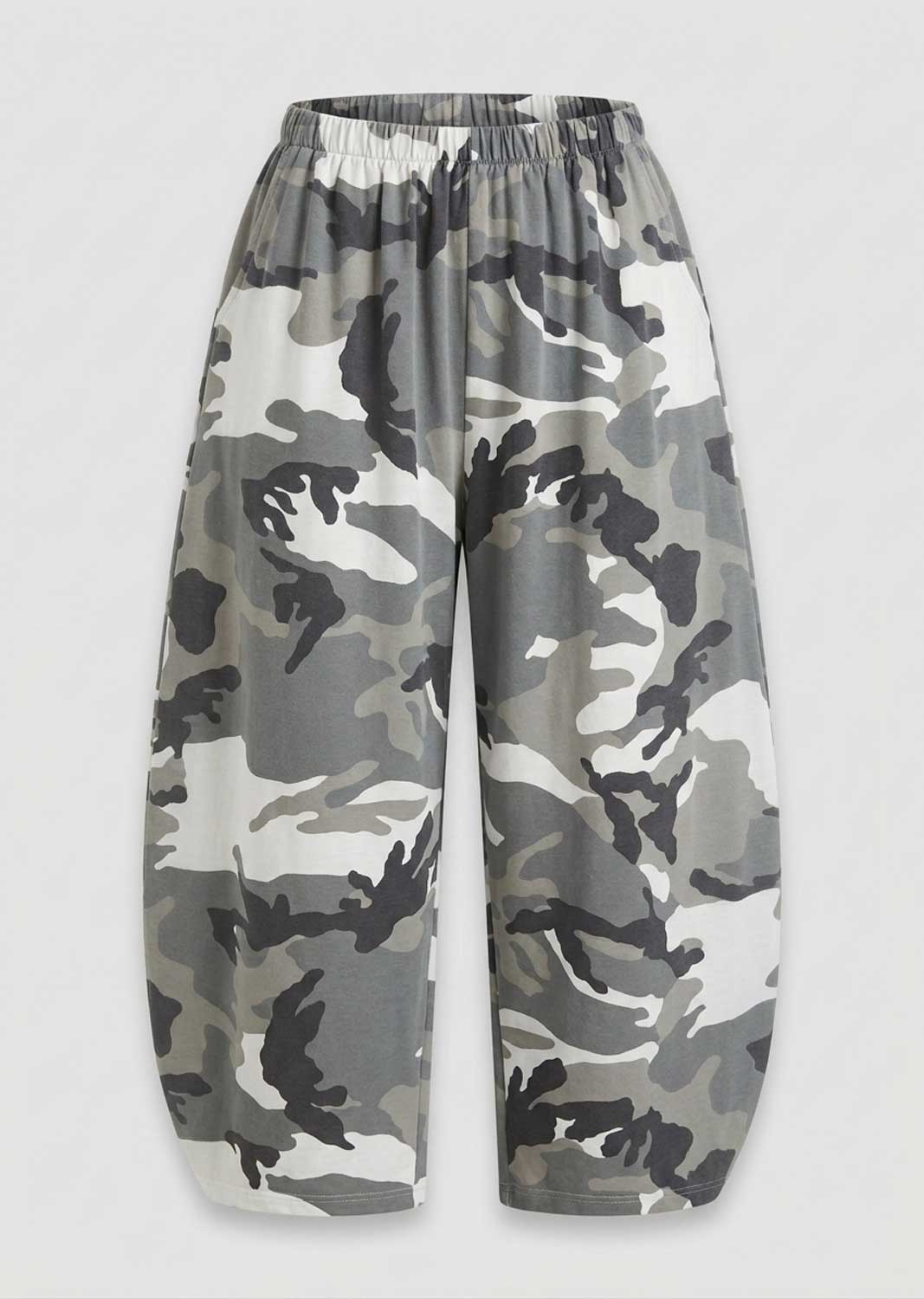 A pair of wide-leg trousers featuring a gray, black, and off-white camouflage pattern, displayed against a light gray background.