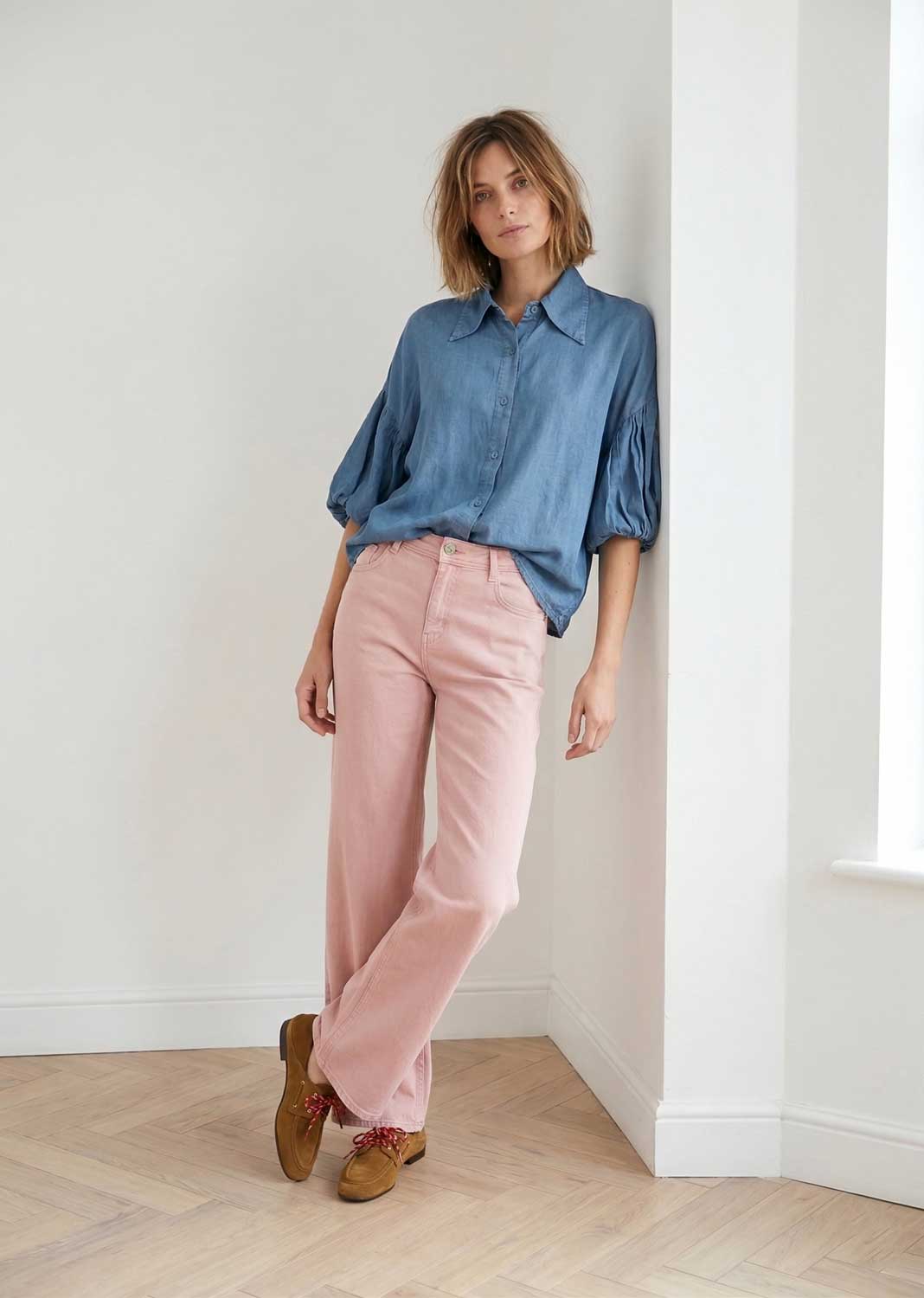 puff sleeve chambray blouse