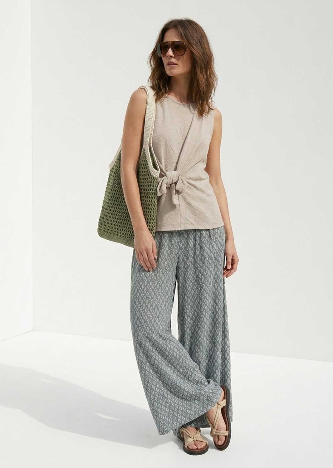 Rosa Beige Tie Waist Hopsack Top