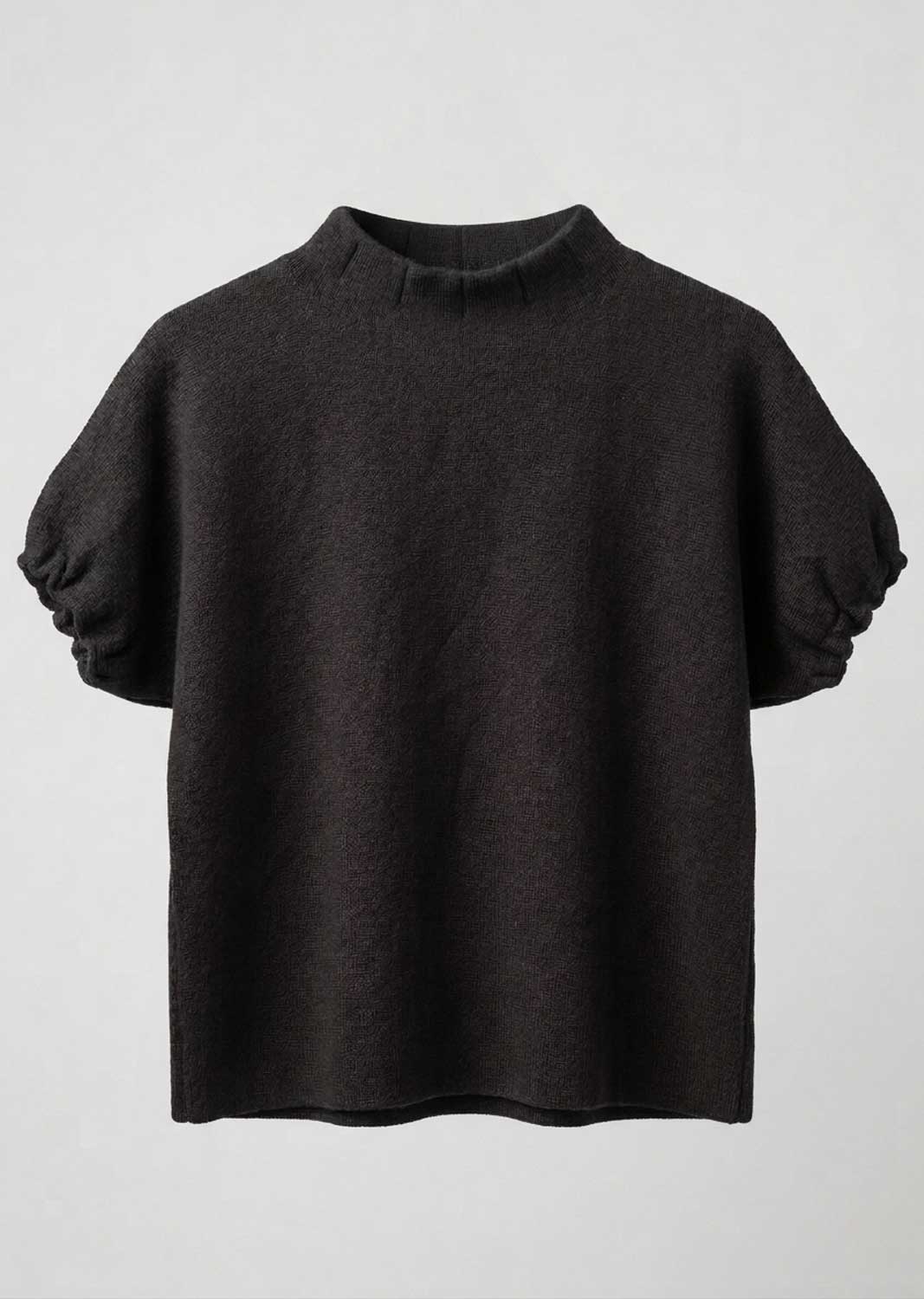 A dark brown knit short-sleeve top with a mock neck and voluminous puff sleeves, shown against a light gray background.