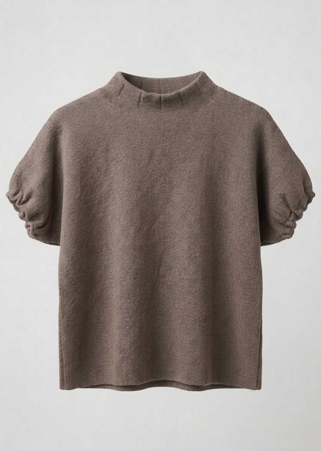 A taupe brown knit top with a mock neck and voluminous elbow-length puff sleeves, shown against a light gray background.