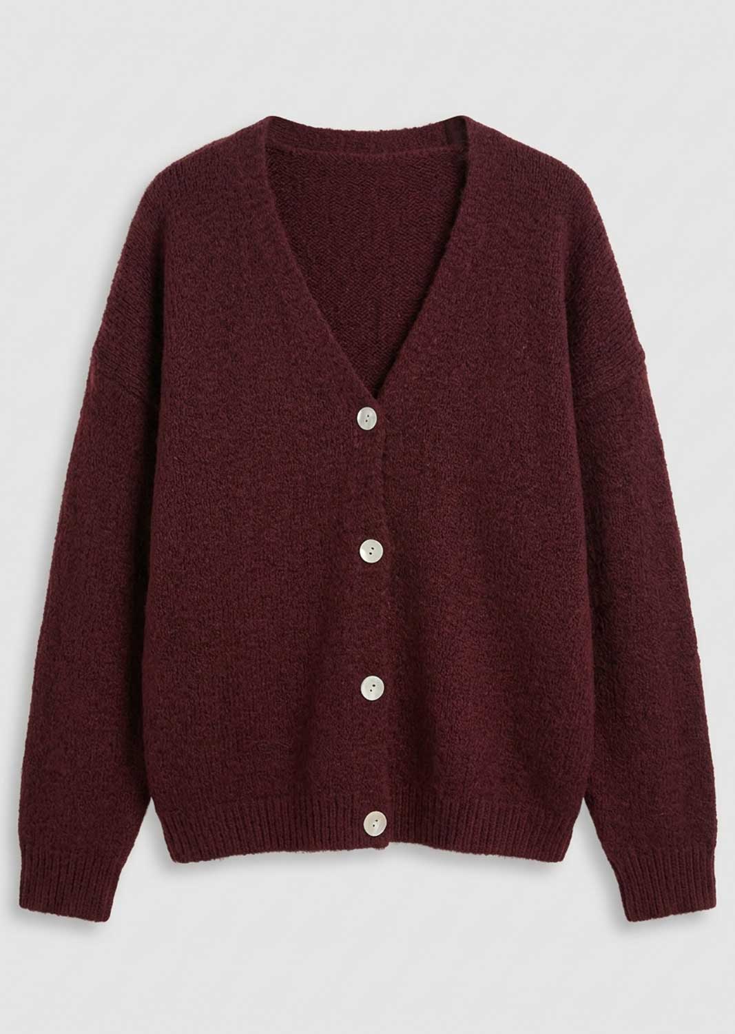A maroon knit cardigan sweater with a V-neck and mother of pearl buttons, displayed flat against a light gray background.