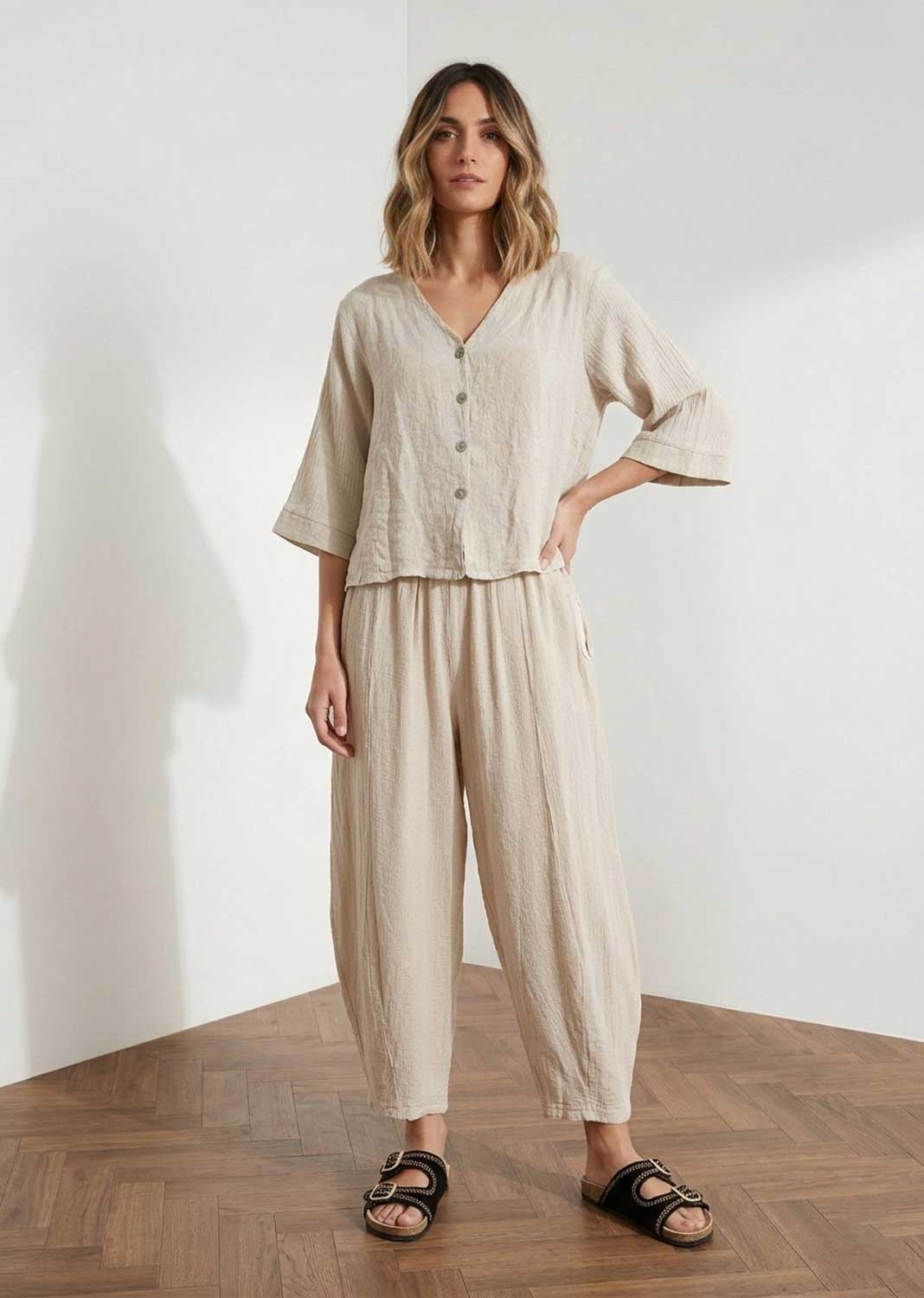 Sandy Cream Hopsack Barrel Pants