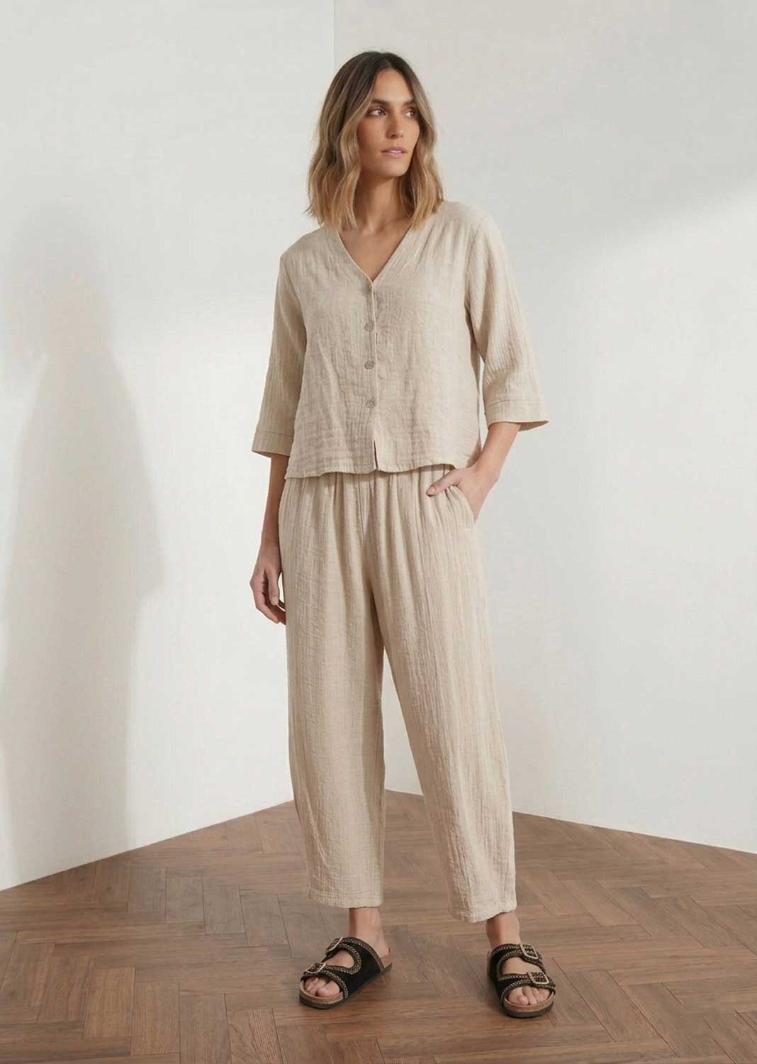 Sandy Cream Hopsack Barrel Pants
