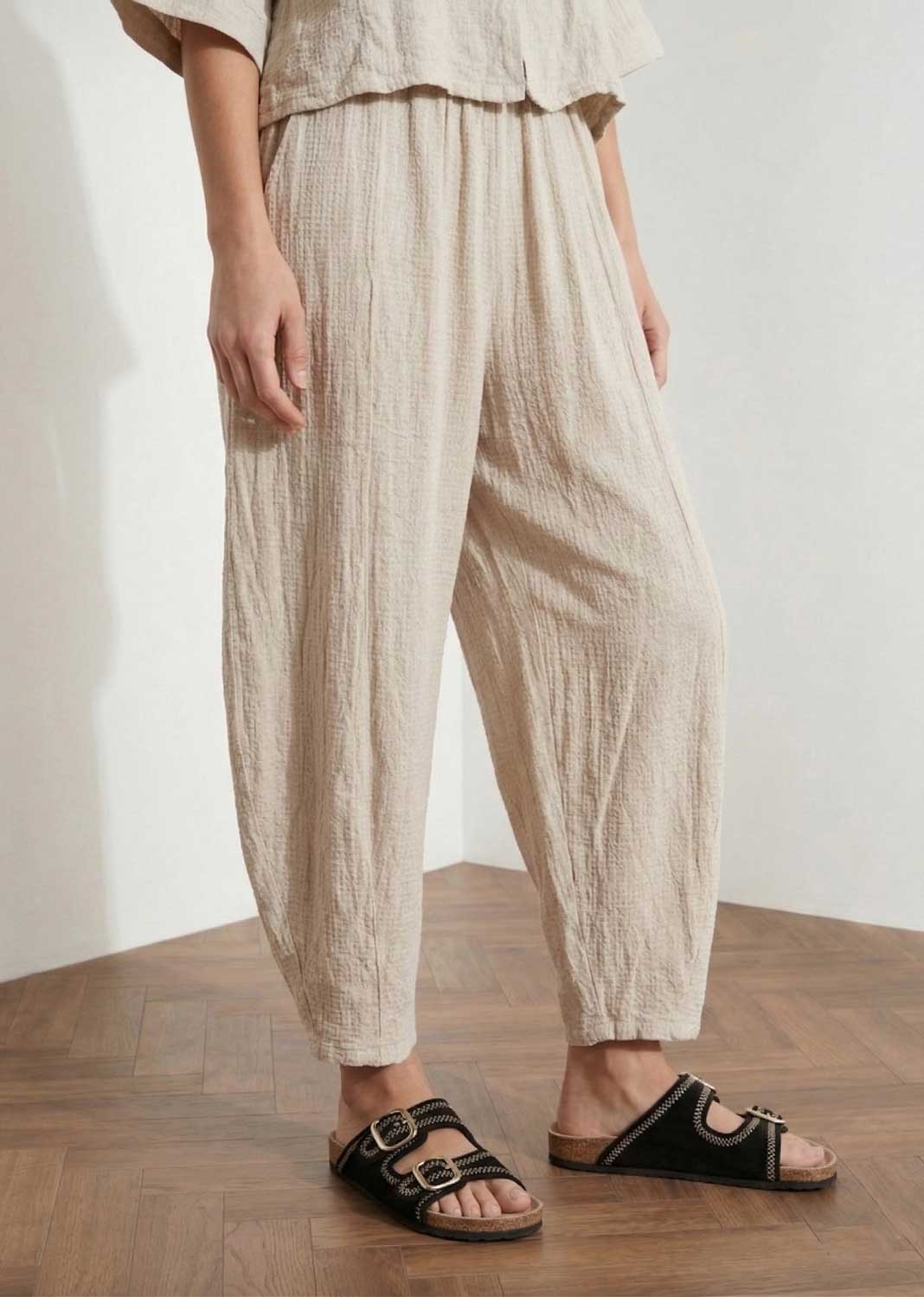 Sandy Cream Hopsack Barrel Pants