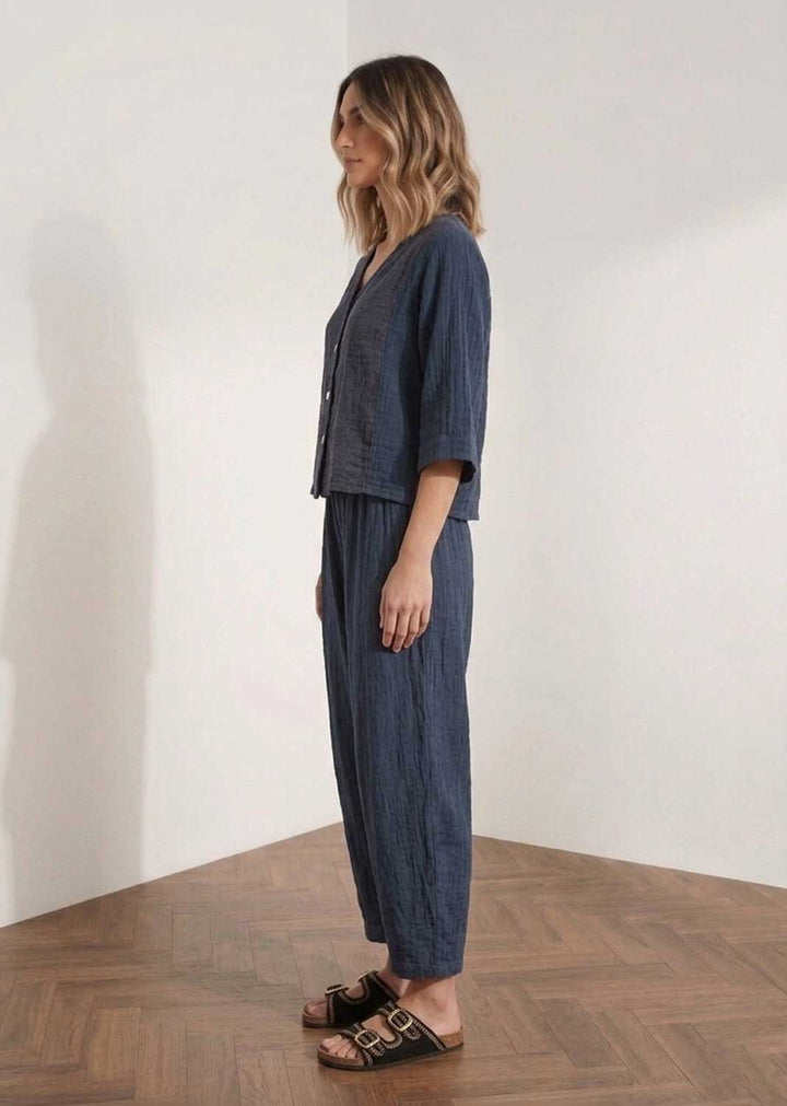Sandy Navy Hopsack Barrel Pants