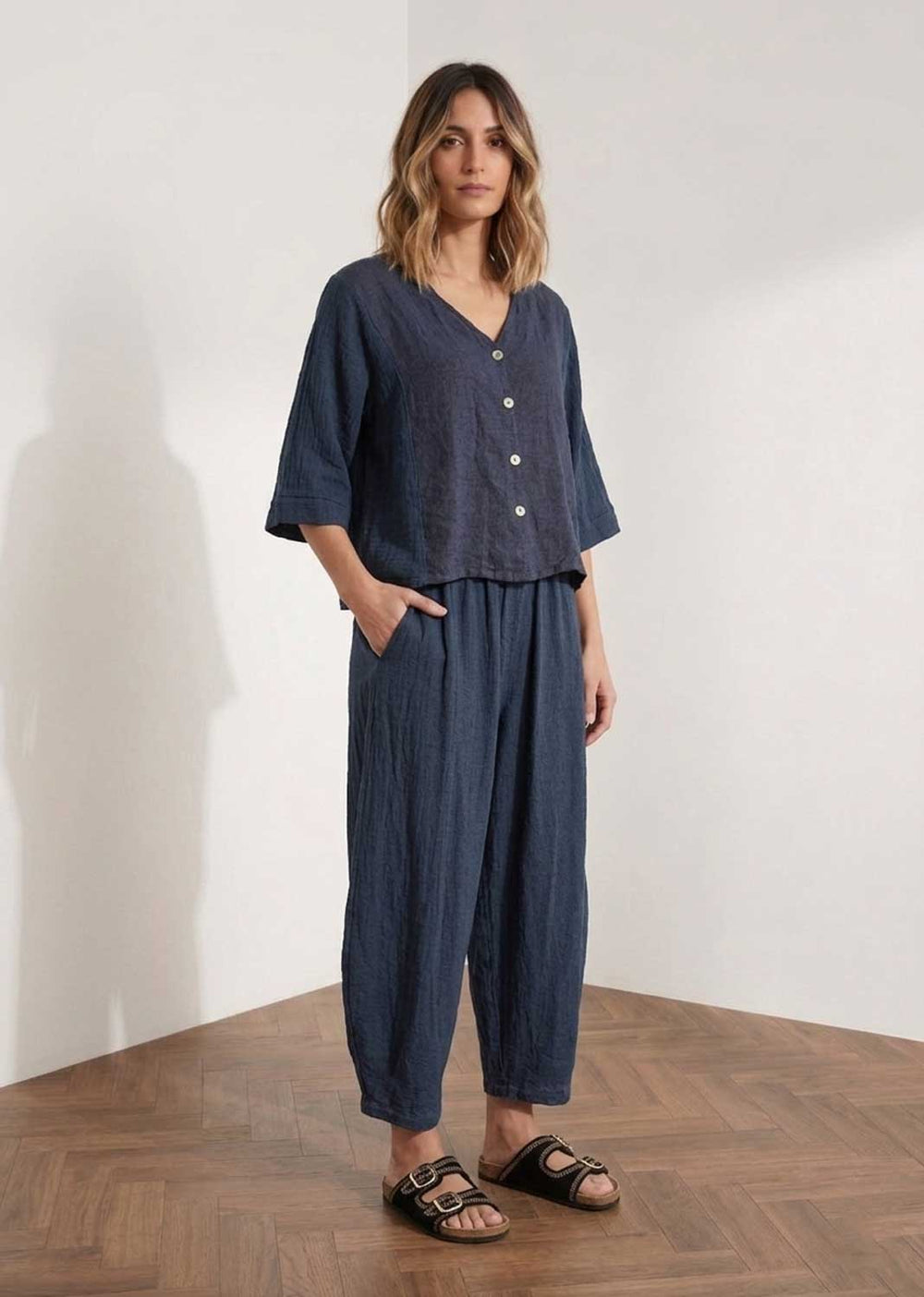 navy linen barrel pants 