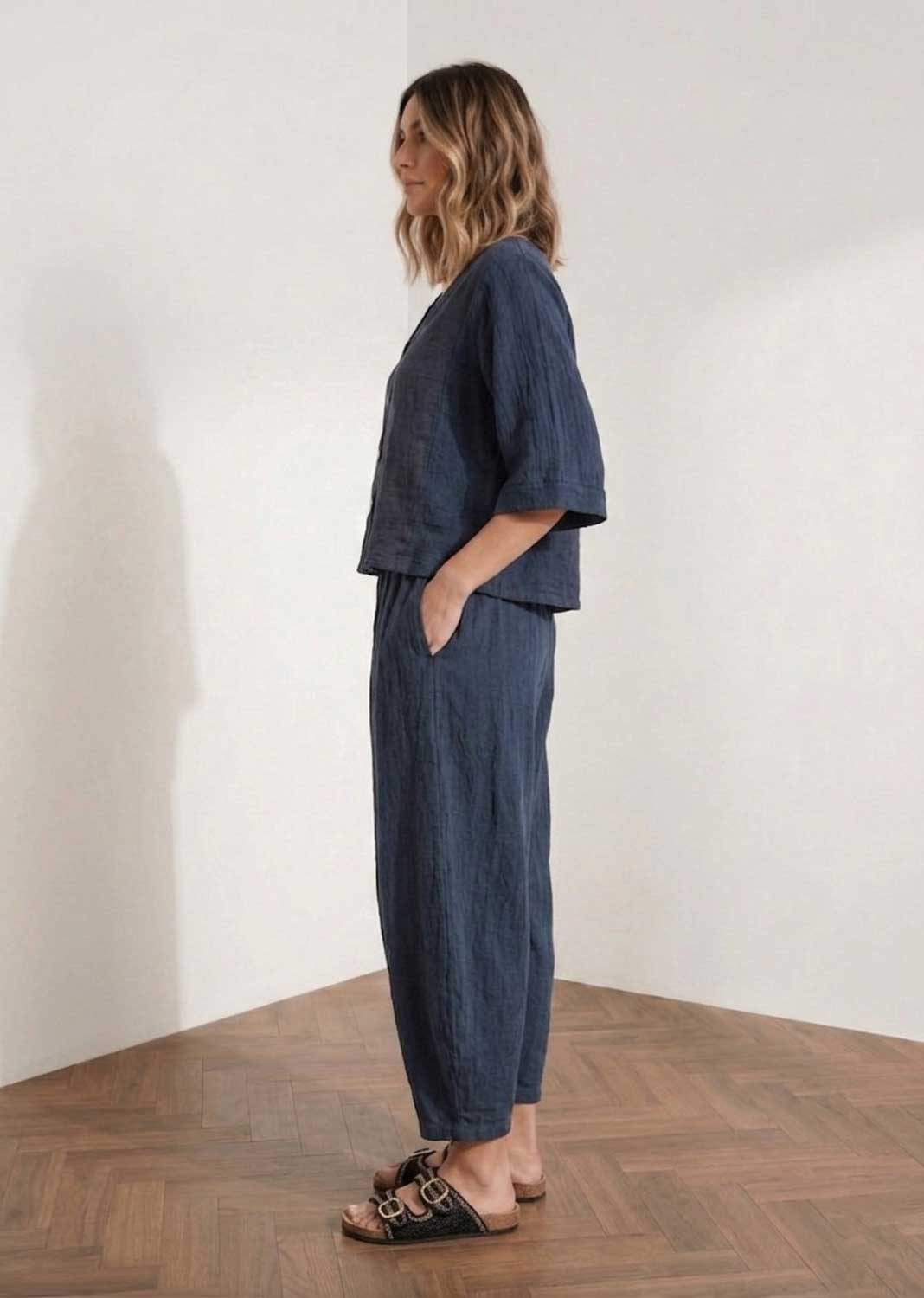 Sandy Navy Hopsack Barrel Pants