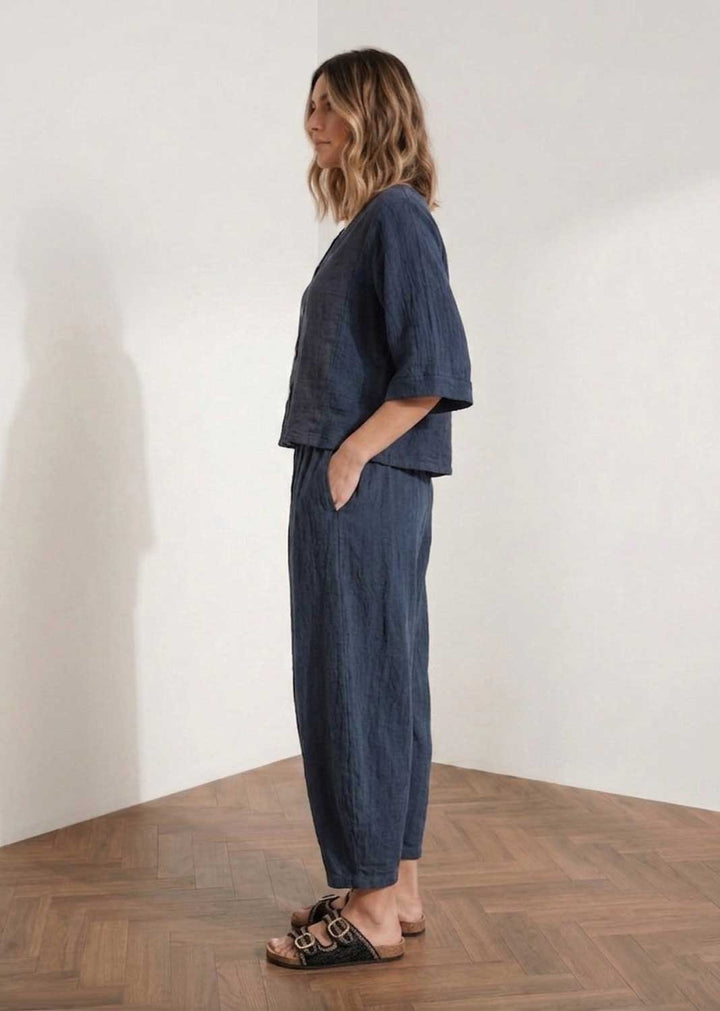 Sandy Navy Hopsack Barrel Pants