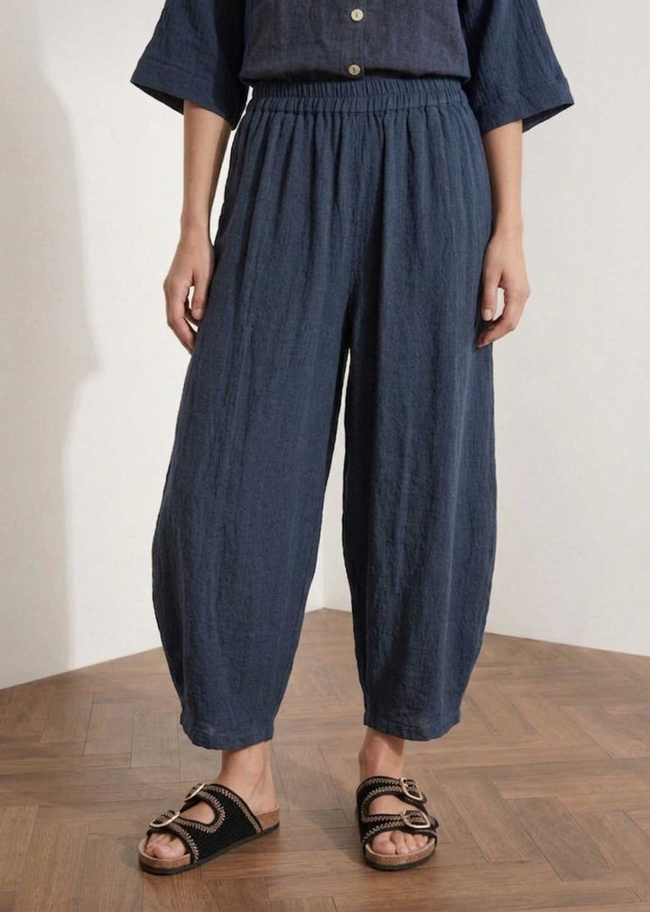 Sandy Navy Hopsack Barrel Pants