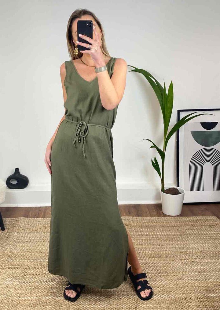 Say Linen Maxi Dress in Olive Green