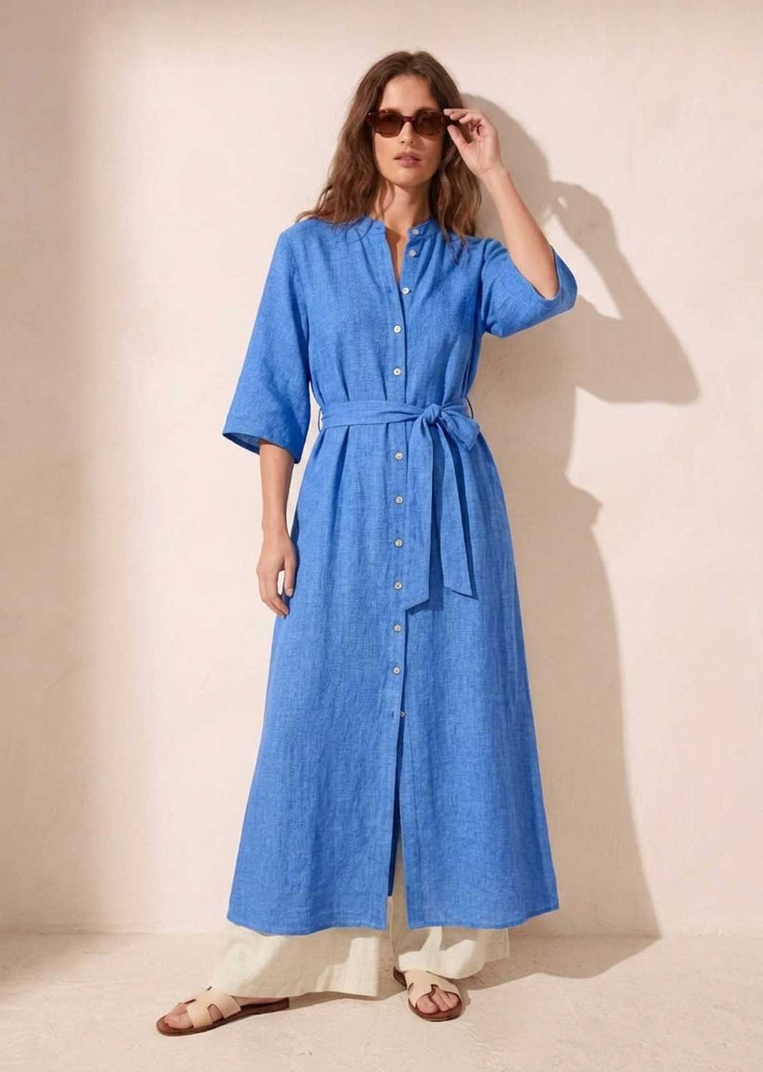 blue linen maxi shirt dress