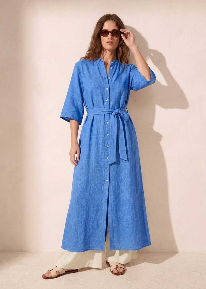 blue linen maxi shirt dress