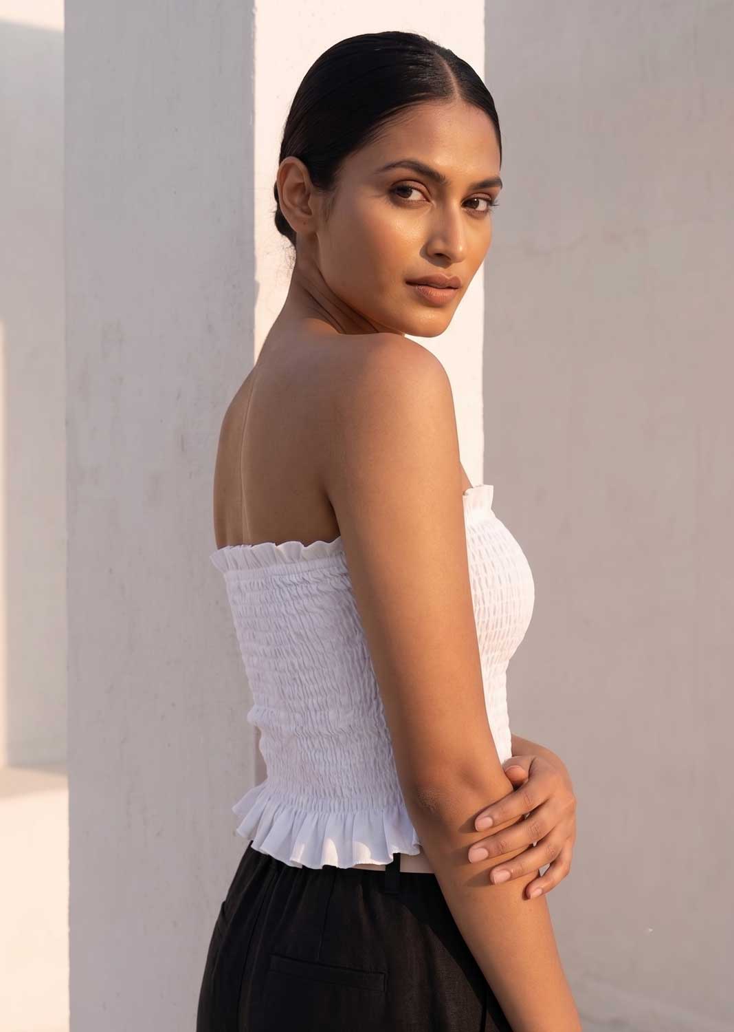 Sian White Shirred Bandeau Top