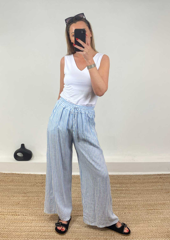 Siena Stripe Linen Palazzo Pants in Blue