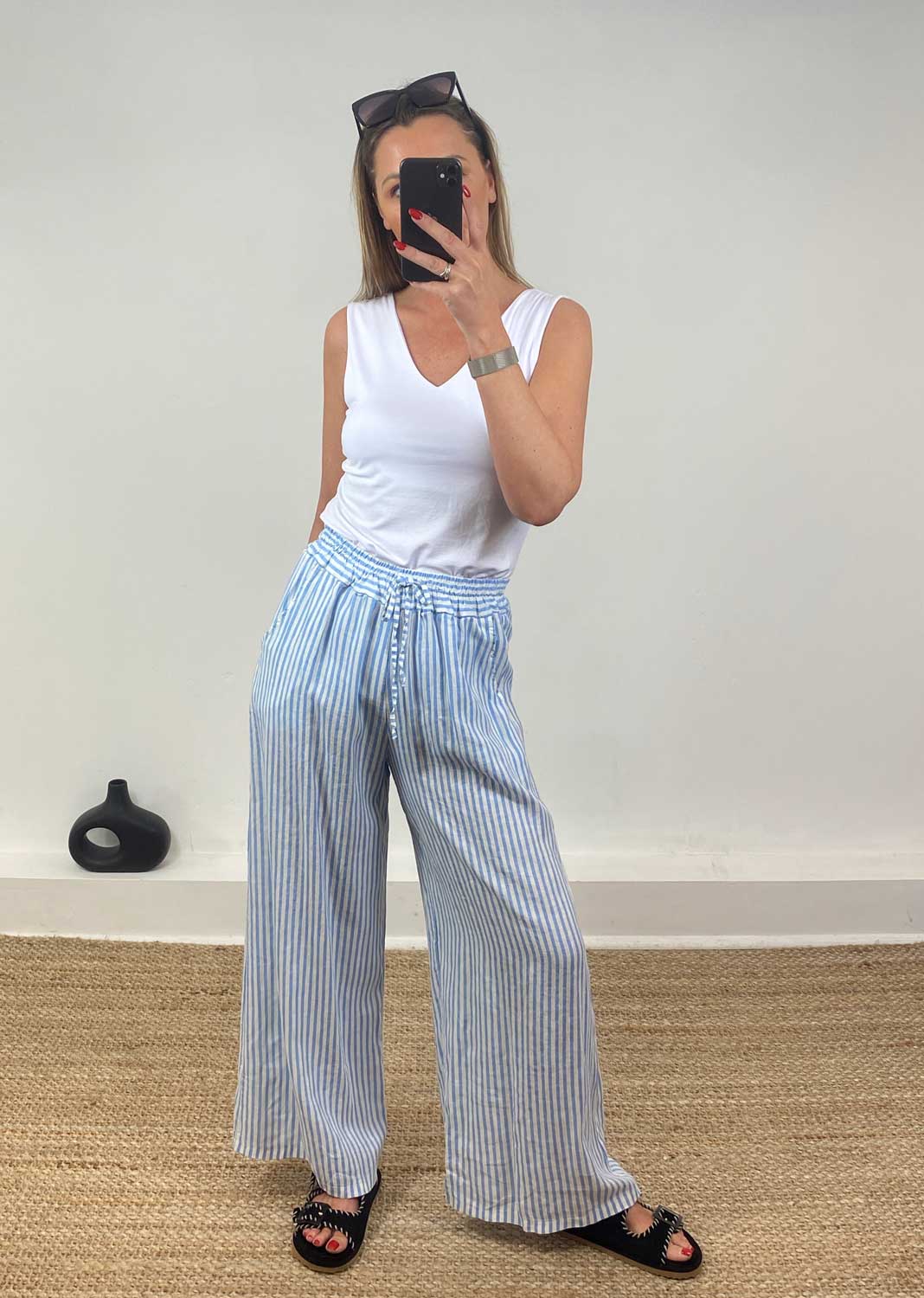 Siena Stripe Linen Palazzo Pants in Blue