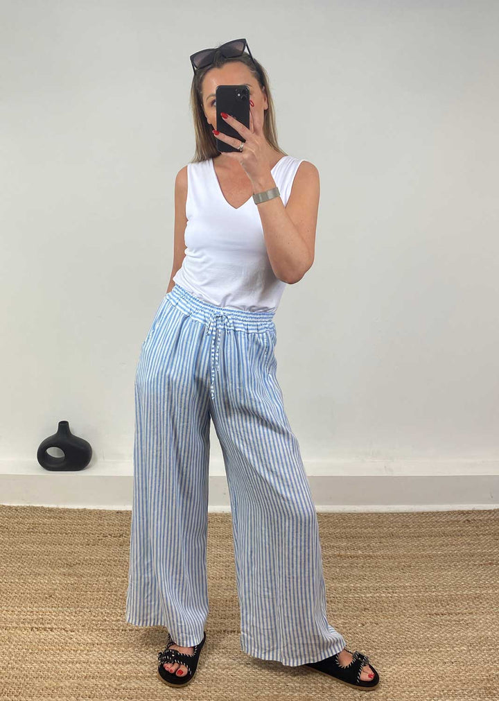 Siena Stripe Linen Palazzo Pants in Blue