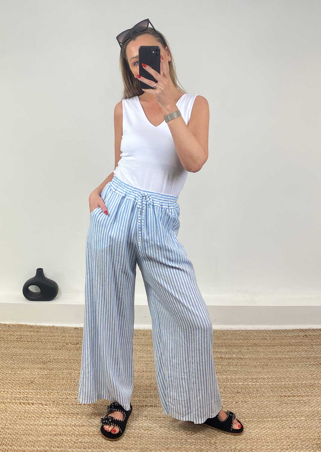 Siena Stripe Linen Palazzo Pants in Blue