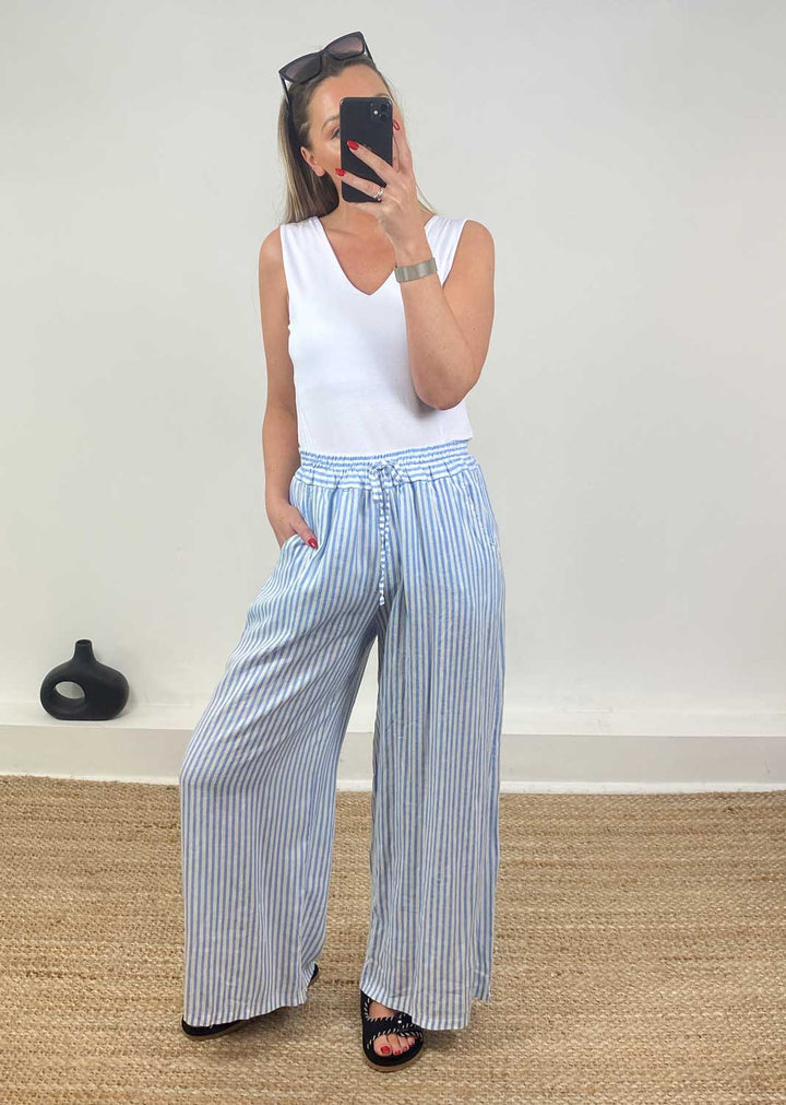 Siena Stripe Linen Palazzo Pants in Blue