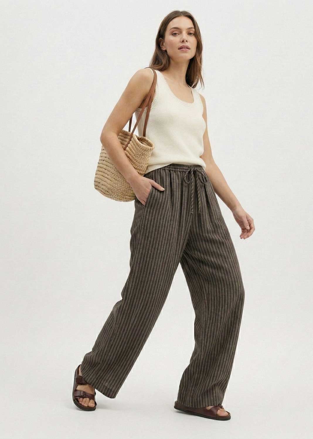 Siena Stripe Linen Pants Khaki Mocha
