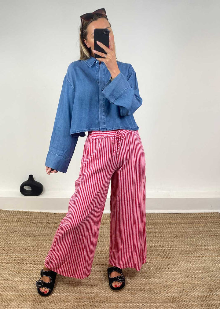 Siena Stripe Linen Pants in Pink Red