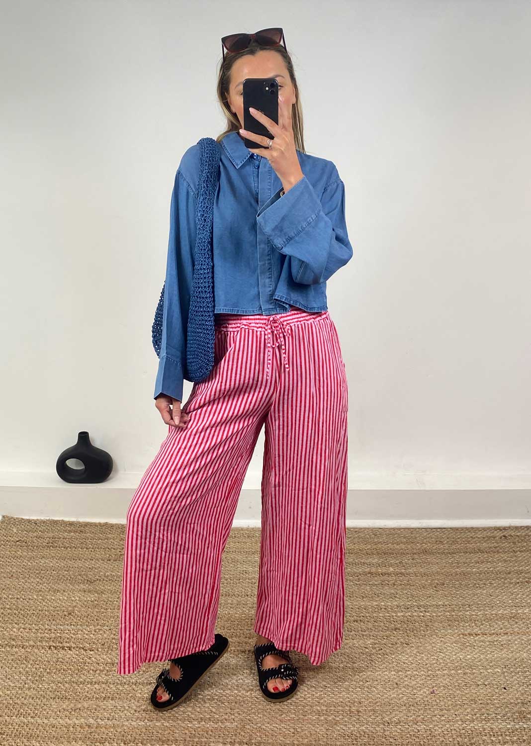 Siena Stripe Linen Pants in Pink Red