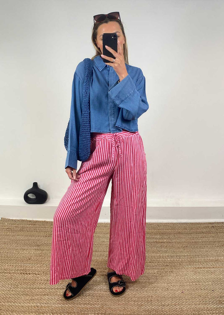 Siena Stripe Linen Pants in Pink Red