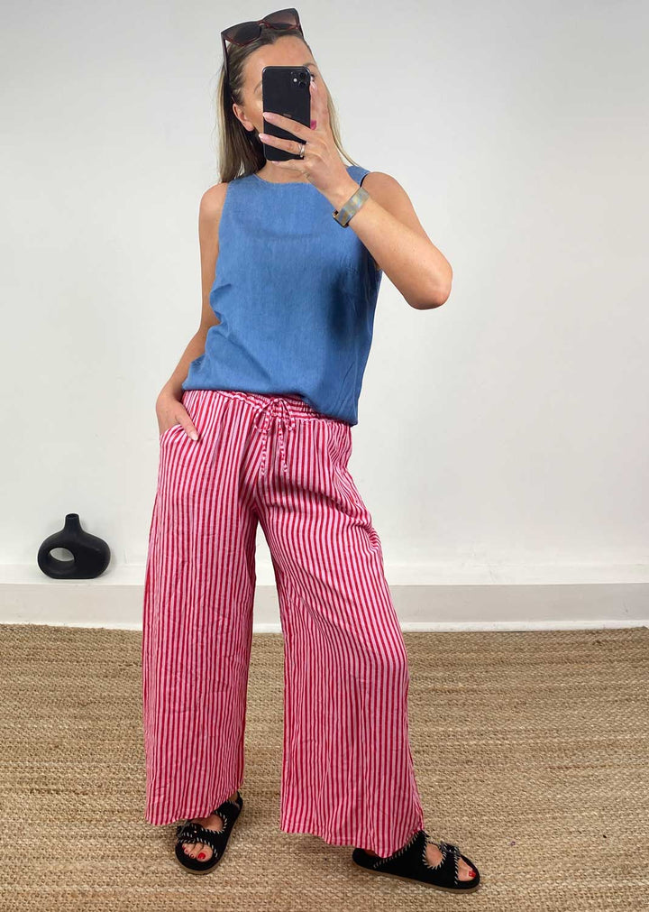 Siena Stripe Linen Pants in Pink Red