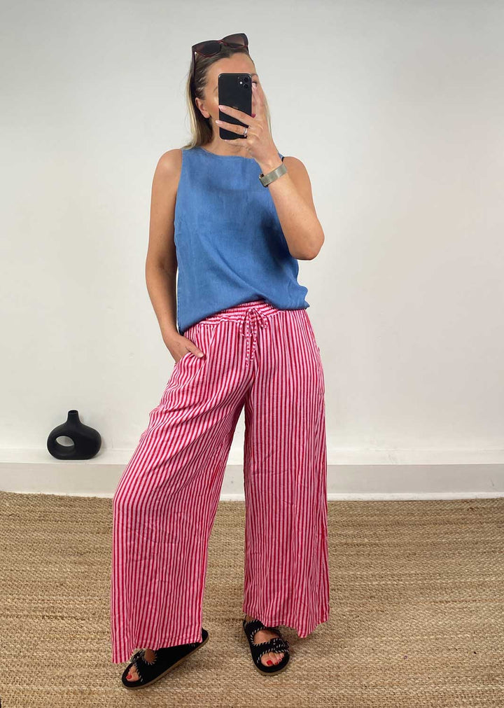 Siena Stripe Linen Pants in Pink Red