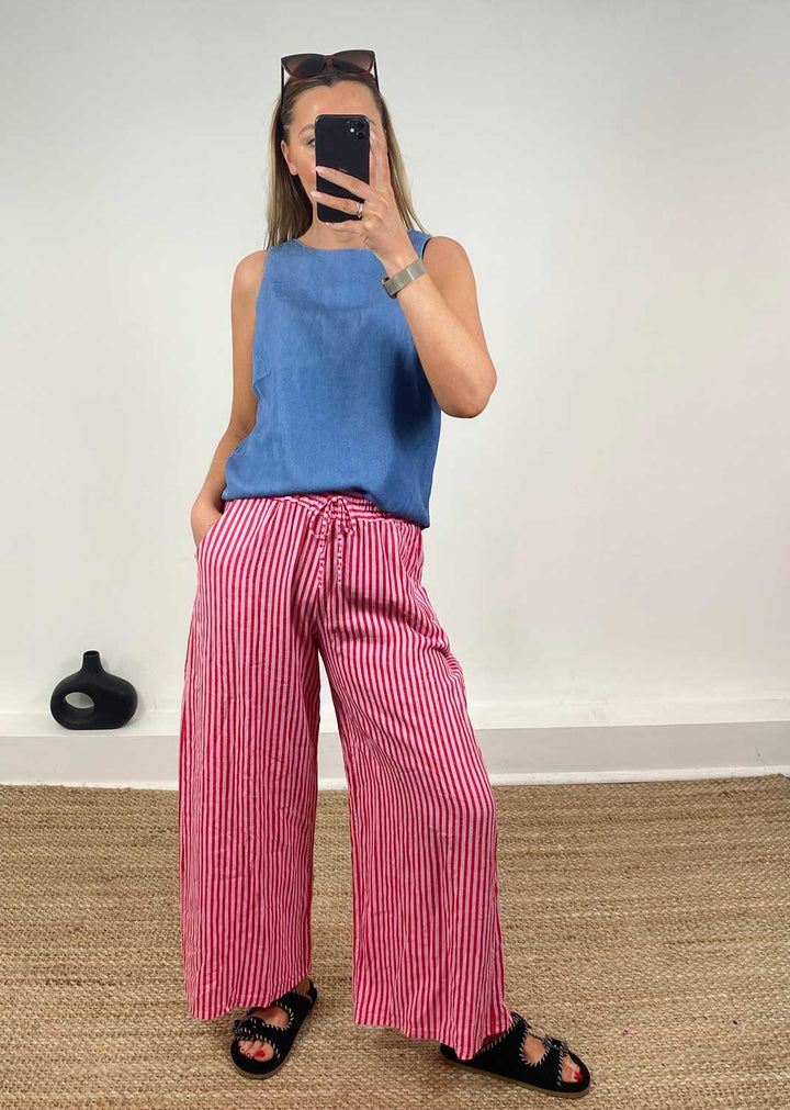 Siena Stripe Linen Pants in Pink Red