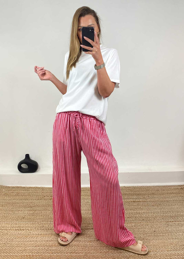 Siena Stripe Linen Pants in Pink Red