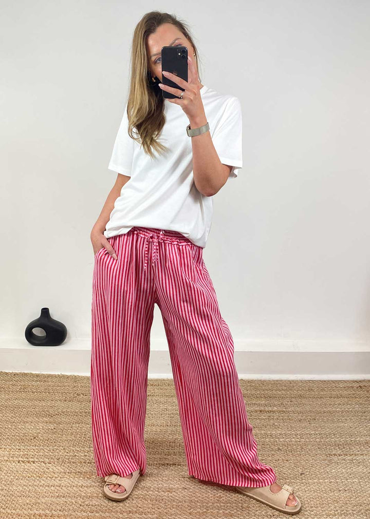 Siena Stripe Linen Pants in Pink Red