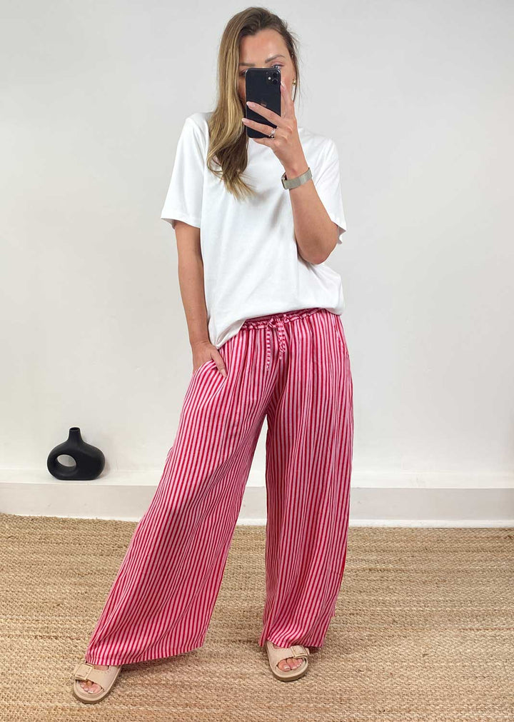 Siena Stripe Linen Pants in Pink Red