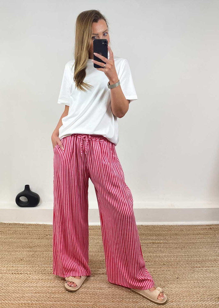 Siena Stripe Linen Pants in Pink Red