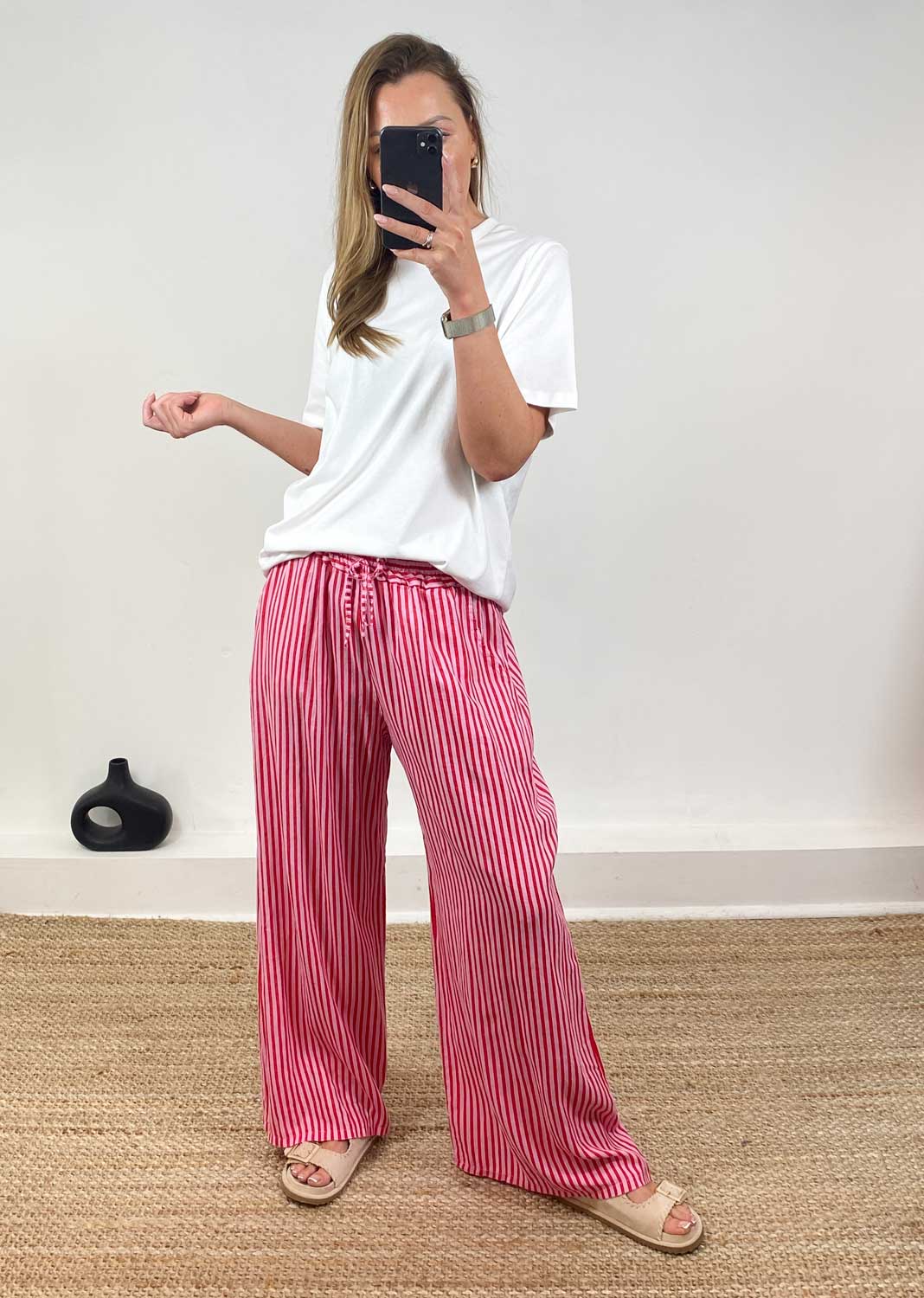 Siena Stripe Linen Pants in Pink Red