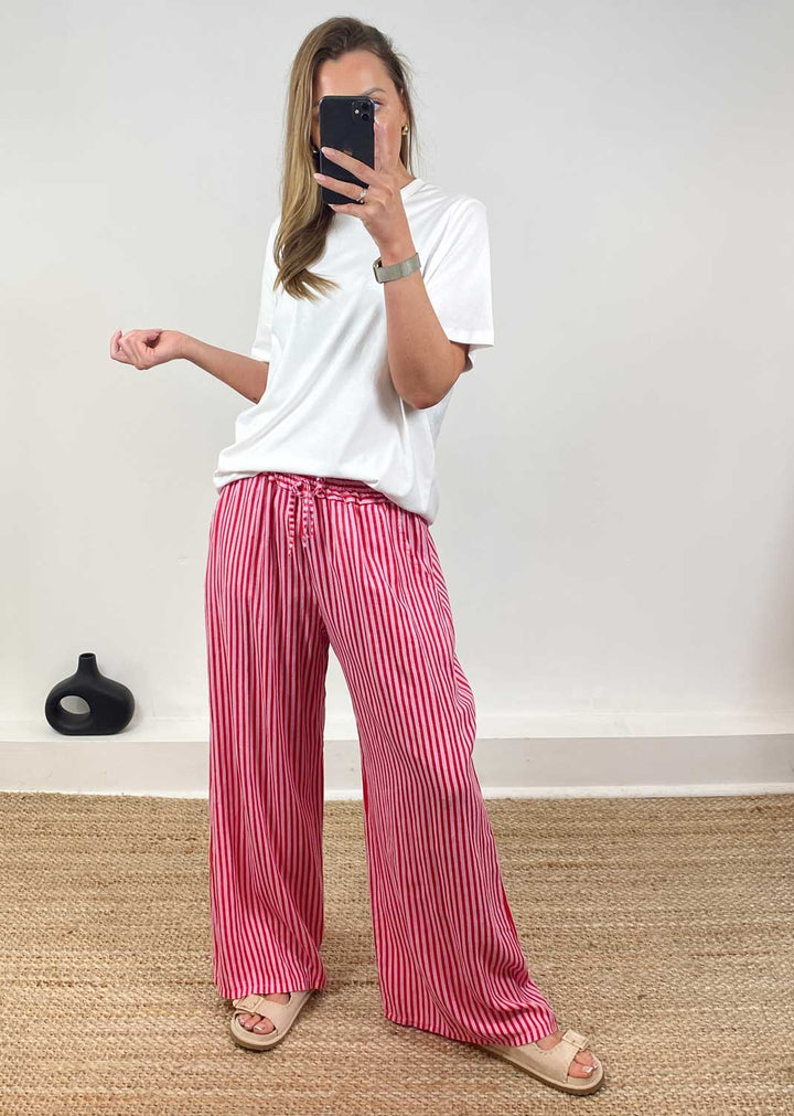 Siena Stripe Linen Pants in Pink Red
