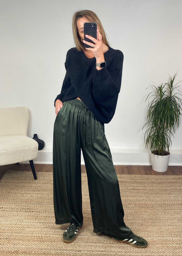 Brooke Silky Tie Waist Pants in Khaki