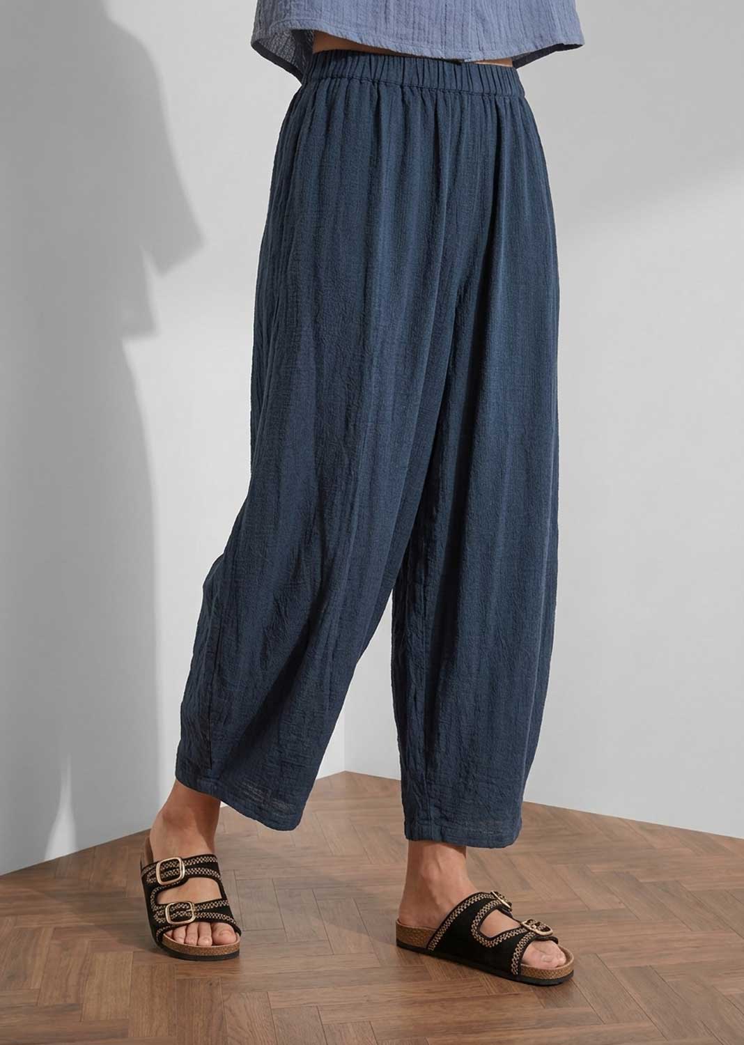 Sandy Navy Hopsack Barrel Pants