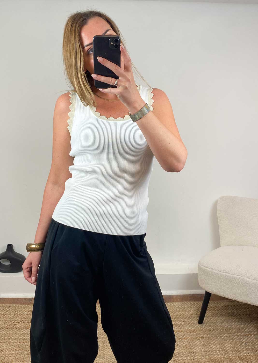 Solange Lurex Scallop Vest in Ivory