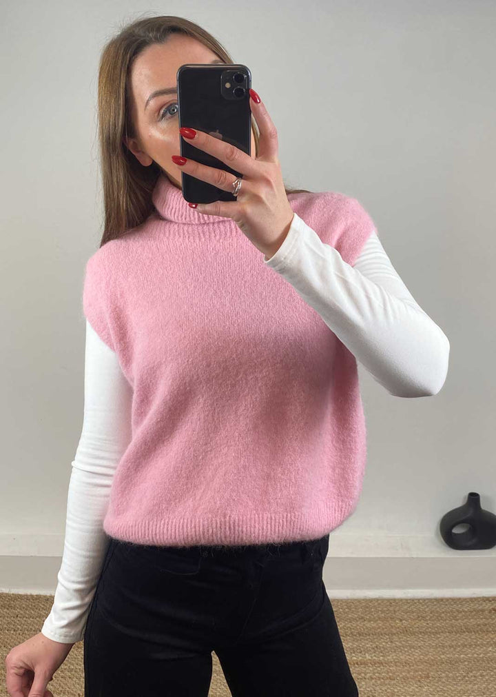 pink turtleneck tank top wool