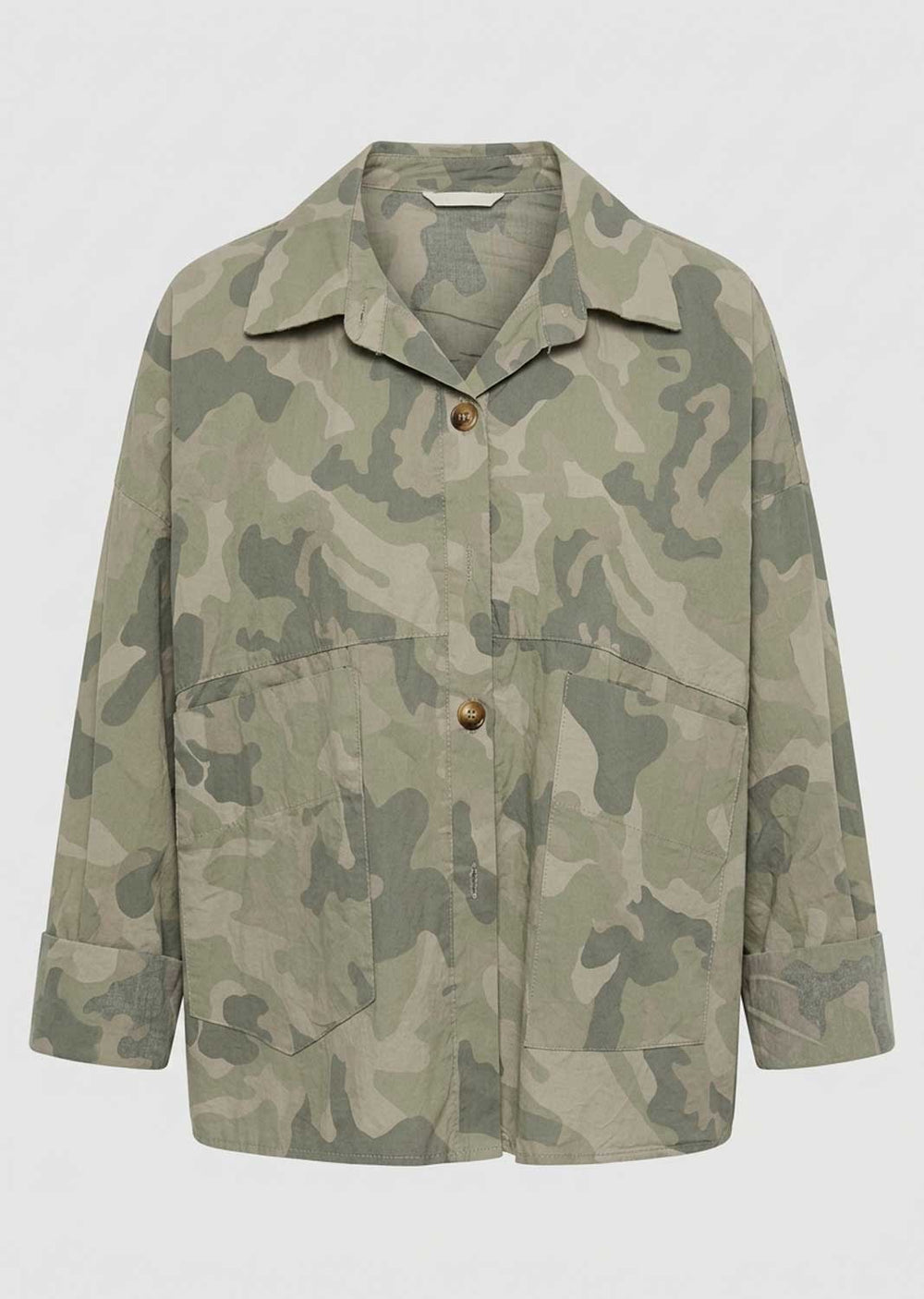 A long-sleeve utility jacket featuring a muted green and beige camouflage pattern, with a pointed collar, two front button closures, and two large front flap pockets, shown against a plain light gray background.
