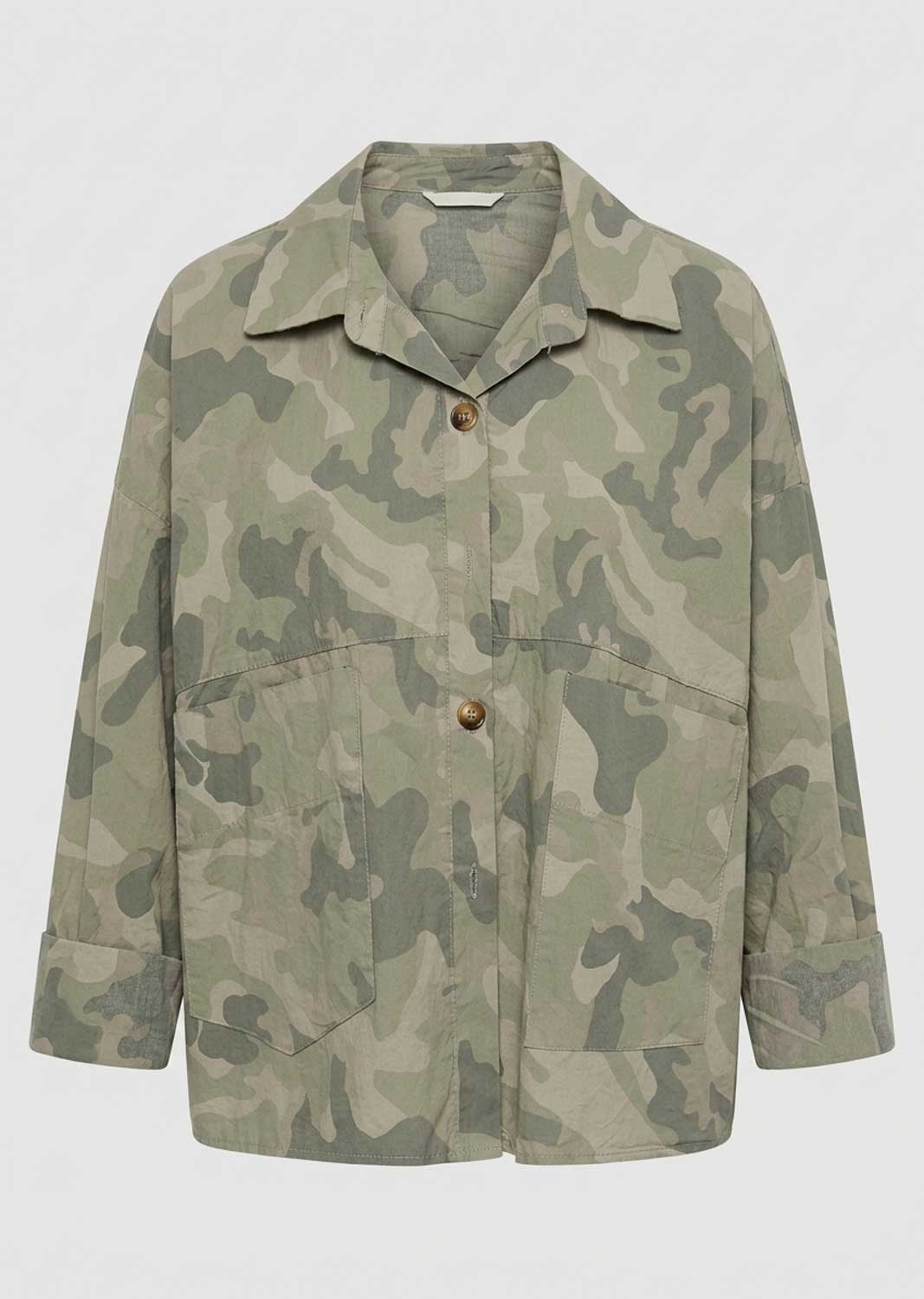 A long-sleeve utility jacket featuring a muted green and beige camouflage pattern, with a pointed collar, two front button closures, and two large front flap pockets, shown against a plain light gray background.