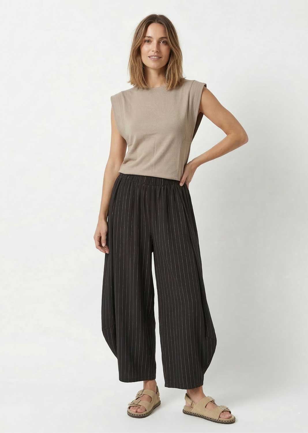 pinstripe barrel pants black
