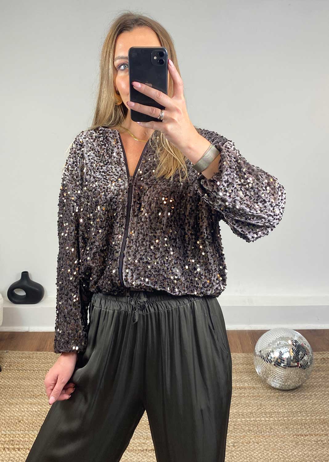 Romy Sequin Bomber Jacket in Mauve