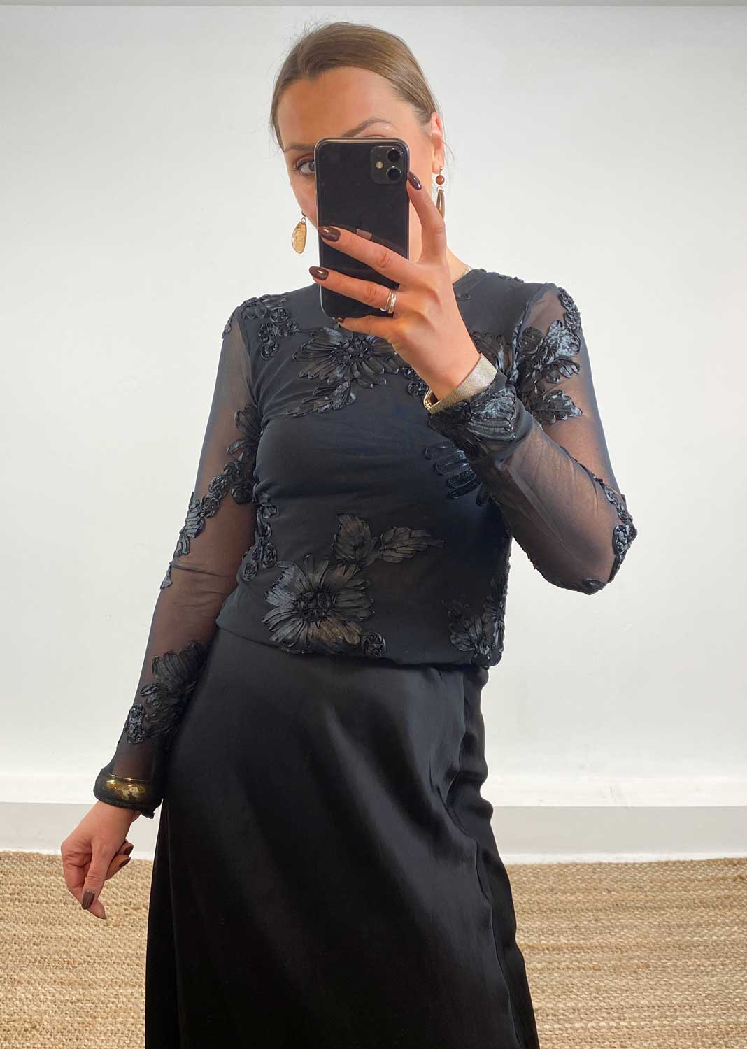 Applique Sheer Top Black