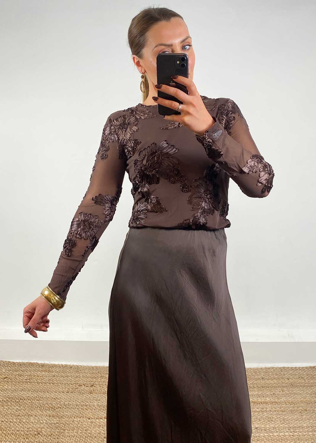 Applique Sheer Top Brown