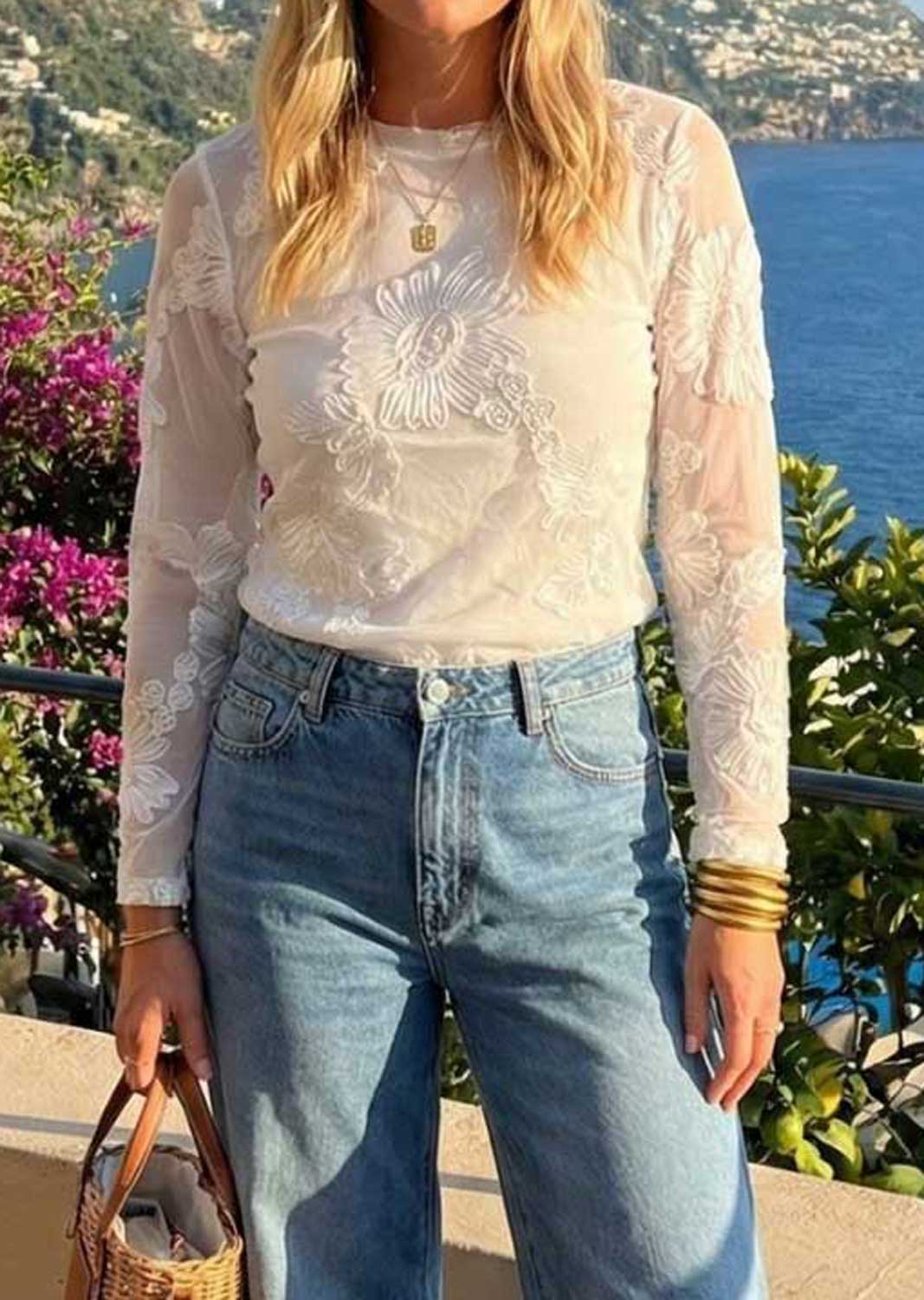 Victoria Applique Sheer Top White