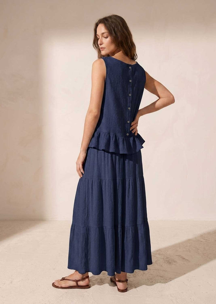 Arden Navy Button Back Swing Top