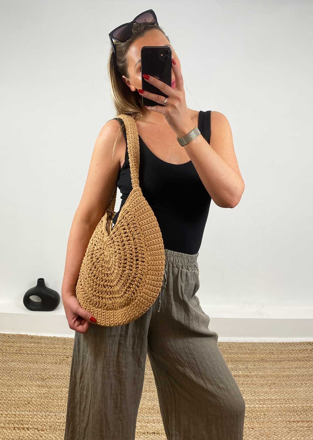 Athena Crochet Round Bag in Tan