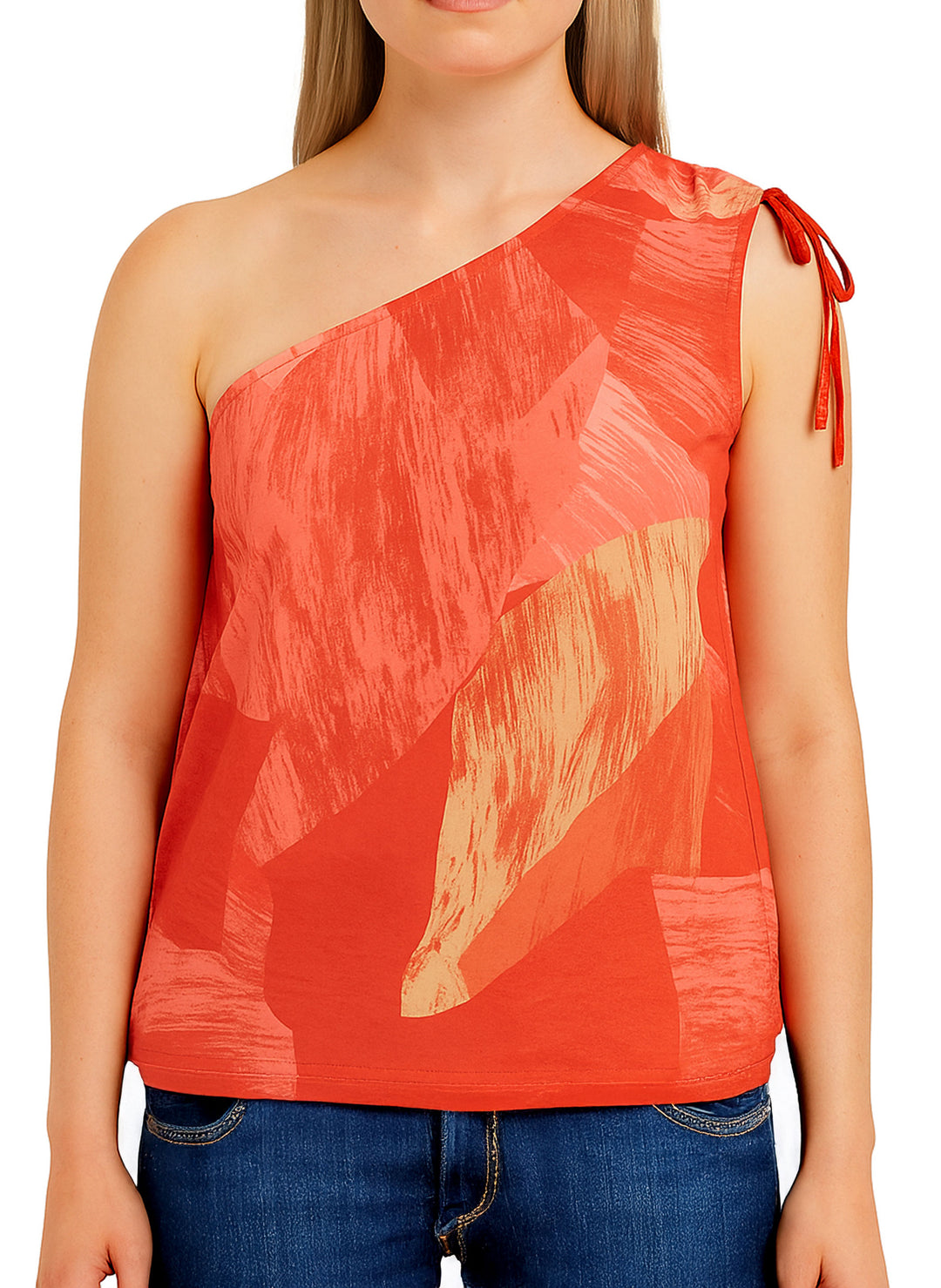 Aurora Printed One Shoulder Top in Red